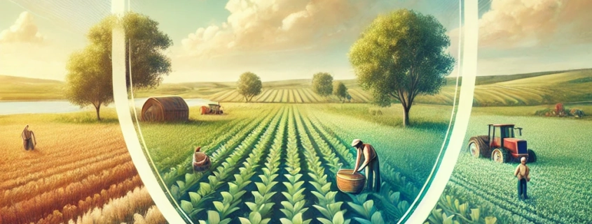 DALL·E 2024 11 06 11.46.52 A Serene Agricultural Scene Depicting A Vast Lush Field With Healthy Crops Under A Clear Blue Sky. In The Distance A Few Farmers Work Among The Pla